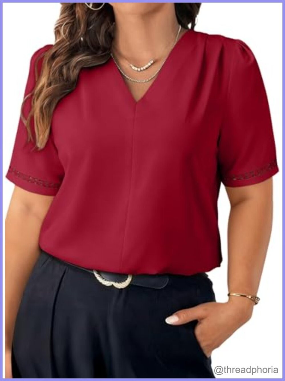 Plus Size Pleated V Neck Short Sleeve Chiffon Blouse